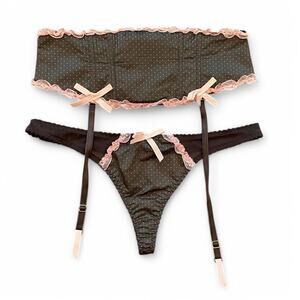 Agent Provocateur New Pink Grey Polka Dot Bow Garter Belt Underwear Tong Set